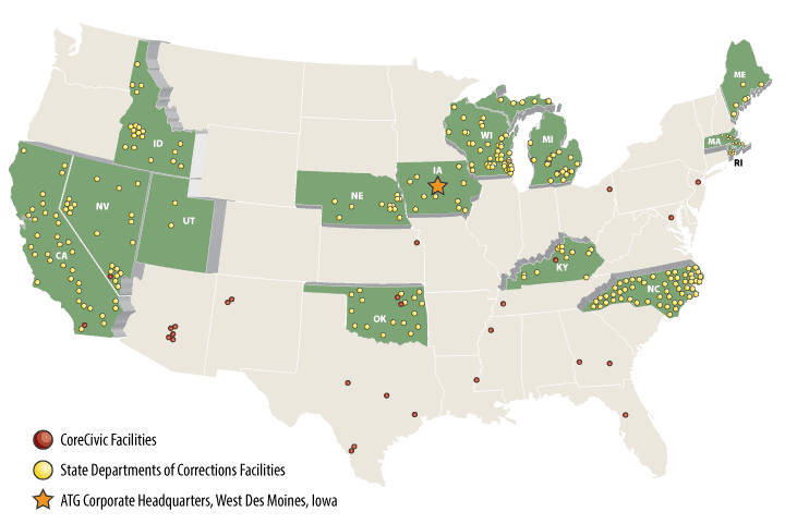 Map showing state departments of correction using ATG solutions